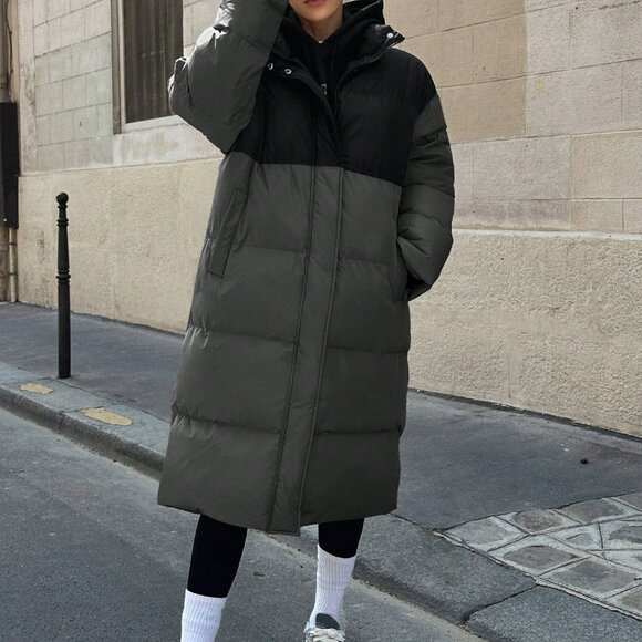 Dark Grey Casual Women's Color Block Hooded Padded Coat - Picture 5 of 5